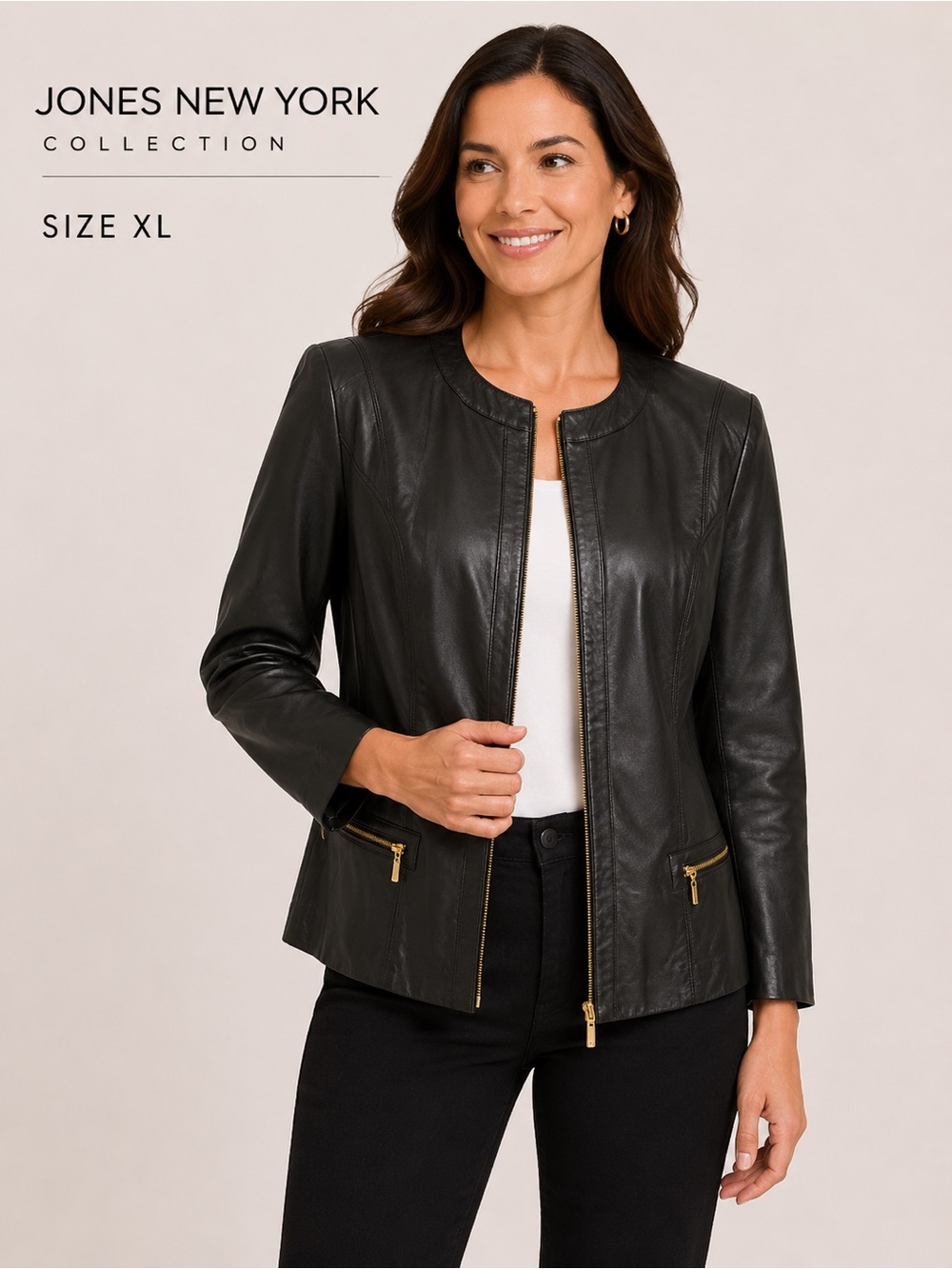 Jones New York Collection Genuine Leather Jacket XL Black Gold Zip
